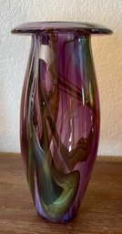 Eli Cecil Beautiful Purple Ribbon Signed Art Glass Vase 1988