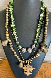 Vintage Brass Bead & Bell Necklace - Art Glass Bead & Cloisonne Bead Necklace - Black Onyx & Brass Bead Cross