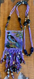 Vintage Seed Bead Amulet Bag With Bird Motif - 30' Long And Bag Ha 6.5' Drop With Fringe