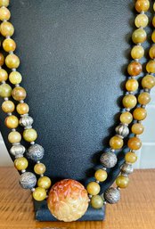 Gorgeous Chinese Carved Soapstone Bead And Double Strand Stone 28 Inch Necklace