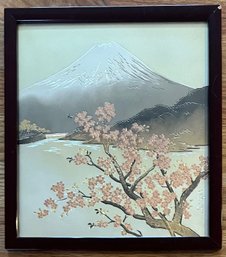 Small Japanese Mt. Fuji Etched Copper And Tin Landscape In Frame