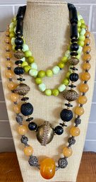 3 Statement Necklaces - Vintage Amber Tone Bead - Horn, Metal And Bead Necklaces