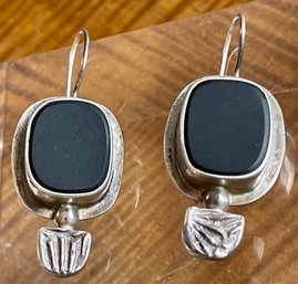 Signed Faust Sterling Silver And Obsidian Wire Earrings