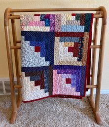 Wood Quilt Rack With Log Cabin Handmade Quilt