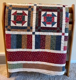 Vintage Pine Quilt Rack With Machine Stitched 84' X 90' Traditional Block Quilt