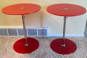 Pair Of Red Tempered Euro Style Glass & Stainless Steel Adjustable Round Side Tables
