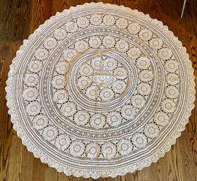 Vintage Hand Crocheted Antique White 5 Foot Round Tablecloth