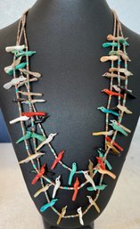 Hand Carved Fetish Stone  Bird Three Strand Heishi Bead Necklace Turquoise - Obsidian - Coral - Onyx & More