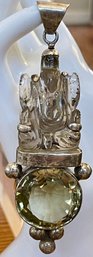 Stunning Large Faceted Citrine And Clear Quartz Ganesha Sterling Silver 4.5 Inch Pendant - 60.6 Grams