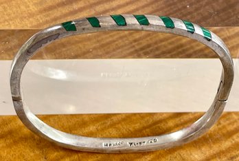 Vintage Mexico Taxco Sterling Silver & Malachite Hinged Bangle Bracelet - Total Weight