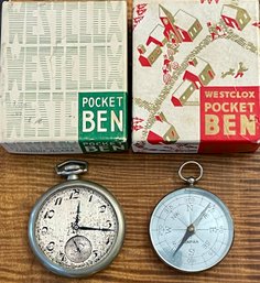 Antique Elgin Pocket Watch (as Is) And Vintage Japan Compass With Two Pocket Ben Vintage Boxes