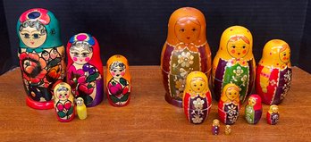 (2) Vintage Hand Painted 5 And 9 Piece Wooden Russian Nesting Dolls