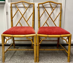 (2) Antique Bamboo Chairs With Red Velvet Seats