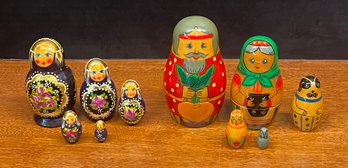 (2) Small Vintage Hand Painted 5-piece Russian Nesting Dolls