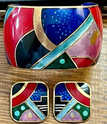 Vintage Rare David Kuo Modernist Artisan Champleve Enamel Cuff Bracelet Signed With Matching Earrings