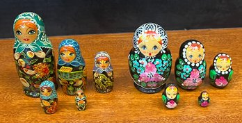 (2) Small Vintage 5 Piece Hand Painted Russian Nesting Dolls