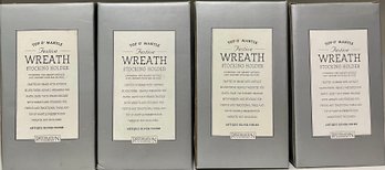 (4) Restoration Hardware Festive Wreath Stocking Holders In Original Boxes - Antique Silver