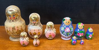 (2) Vintage Small 5 Piece Hand Painted Russian Nesting Dolls