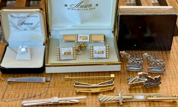 Vintage Men's Tie Tac & Cuff Links - Anson Sterling Silver - Anson Mother Of Pearl - Tractors - Sword & More