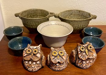 Vintage Studio Pottery Including Bowls & Owls - S. Ward, ME, & More
