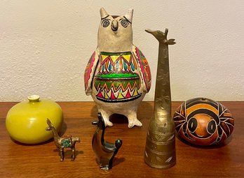 International Souvenir Lot - Mexico Pottery Owl, Brass Giraffe Bell & Llama, With Art Glass Llama, & Gourd