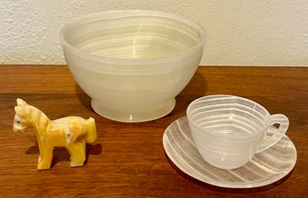 Vintage White Onyx Bowl, Cup, & Saucer With Yellow Onyx Horse