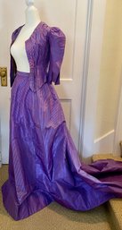 Authentic Victorian Edwardian Purple Silk Striped Bustle Style Skirt & Matching Jacket Small