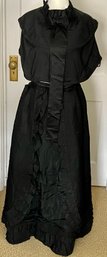 Antique Edwardian Black Silk Ruffled Morning Bustle Skirt And Bow Front Cape (as Is)
