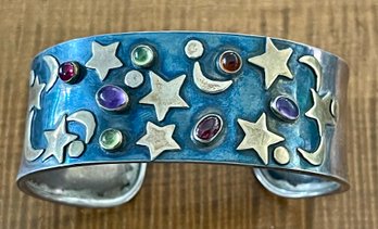 Sterling Silver Cuff Bracelet - Brass Moon & Stars With Citrine - Amethyst - Garnet Cabochon Stones - 39.4 Grm