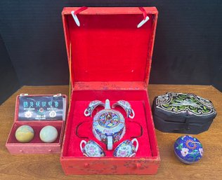 Vintage Porcelain Chinese Tea Set In Original Box (as Is), Cloisonne Apple Dish, Carved Stone Health Balls