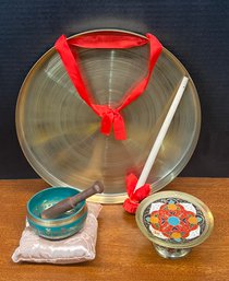 Chinese Copper Feng Gong With Original Box, Brass And Green Singing Bowl, And Brass Pedestal Bowl