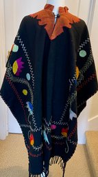 Vintage Mexico Black Hand Embroidered Cape - Poncho With Fringe