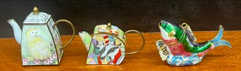 (2) Vintage Cloisonne Miniature Tea Pots And A Cloisonne Fish Ornament