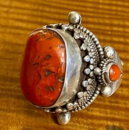 Vintage Tibetan Coral Saddle Ring - Size 10 - Adjustable