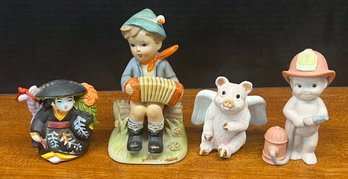 (4) Vintage Figurines - Erich Stauffer, Leps Flying Pig, Japanese Bell, Enesco Fireman