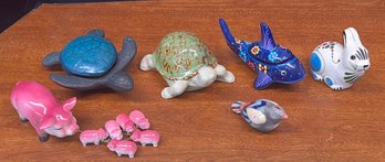 Vintage Pottery Animals - Talavera Shark Dish, Mexico Rabbit, Sea Turtle Trinket, Japan Pigs, Painted Bird