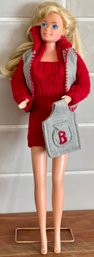 1966 Mattel Barbie W Vintage Knitted Red Sweater Dress - Sweater Vest - Flannel Sweater Coat & Flannel Purse