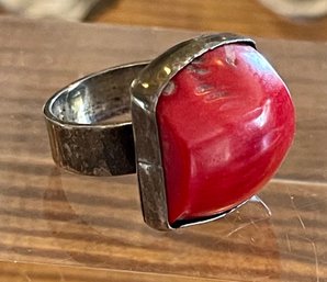 Thomas Tucker Signed Sterling Silver And Red Coral Cabochon Ring Size 7 - Total Weight 10.5 Grams