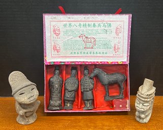 Set Of Chinese Terracotta Warriors In Original Box, (2) Aztec Pottery Figurines