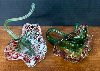 (2) Hand Blown Pulled Art Glass Flowers