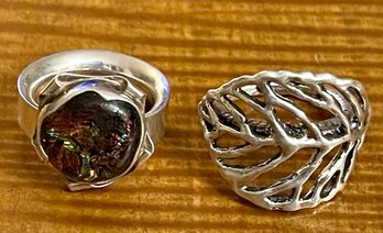 2 Artisan Silver Tone Rings Both Size 7.5 - Leaf Pattern & Art Glass