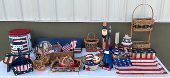 Large Fourth Of July Decor Lot - Wooden Shelf, Baskets, Resin Eagle, Figurines And More
