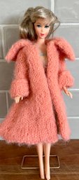 1966 Mattel Blonde Barbie In Designer Print Dress And Wool Peach Coat