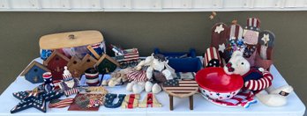 Large Fourth Of July Lot - Picnic Basket, Tray, Stars, Stuffed Animals, Wall Hangings, And More