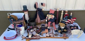 Large Fourth Of July Lot - Wooden And Resin Figurines, Rooster, Bucket, Tea Pot, And More
