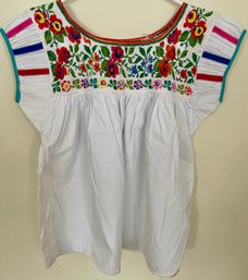 1960's Mexico Hand Embroidered White Cotton Shirt