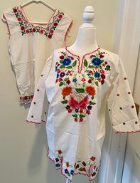 2 Vintage Cotton Embroidered Shirts  - Short Sleeve 1960's Mexico Cotton Embroidered