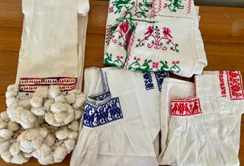 1960's Mexico Pom Pom Embroidered Belt - 2 Children's Hand Embroidered Shirts - Girls Embroidered Shirt