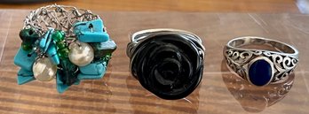 3 Vintage Sterling Silver Rings - Carved Onyx Rose - Turquoise Silver Wire - 925 Blue Stone