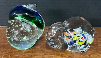 Hand Blown Lenwile Ardalt Millefiori Elephant Paper Weight And Art Glass Dolphin Controlled Bubble